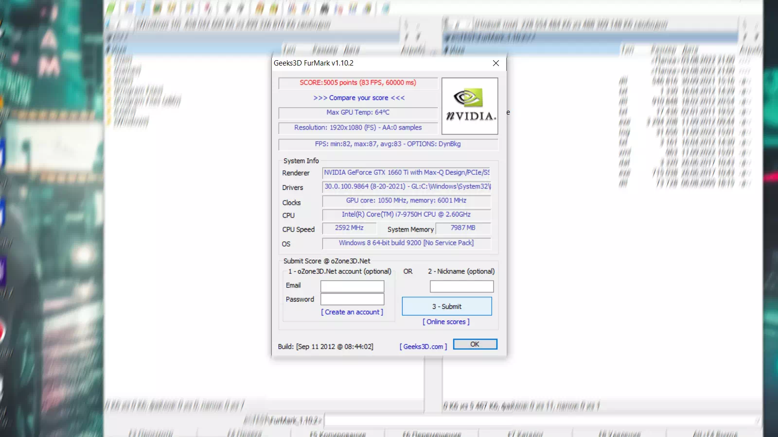 результаты NVIDIA GeForce GTX 1050 Ti в FurMark