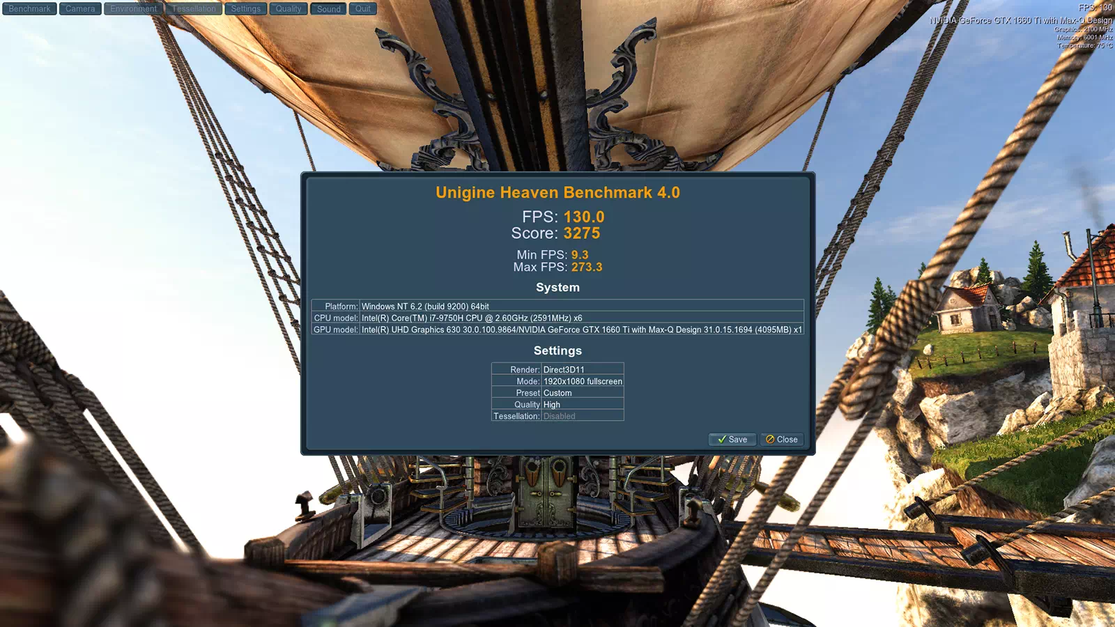 результаты ноутбука DELL G3 3590 в Unigine Heaven Benchmark 4.0