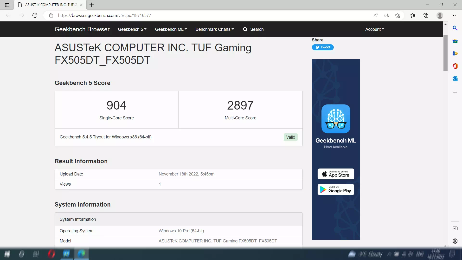 результаты Asus TUF Gaming FX505DT в Geekbench 5