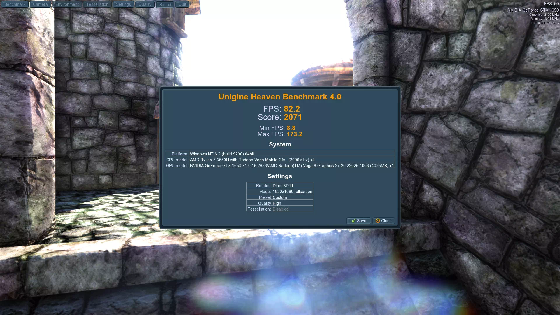 результаты ноутбука Asus TUF Gaming FX505DT в Unigine Heaven Benchmark 4.0