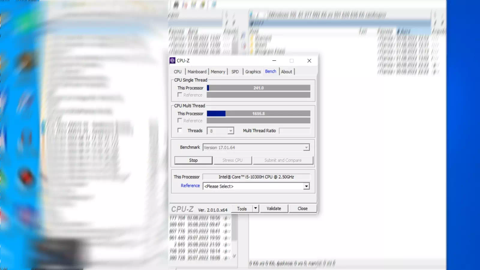 результаты Intel Core I5-10300H в CPU-Z результаты Intel Core I5-10300H в CPU-Z