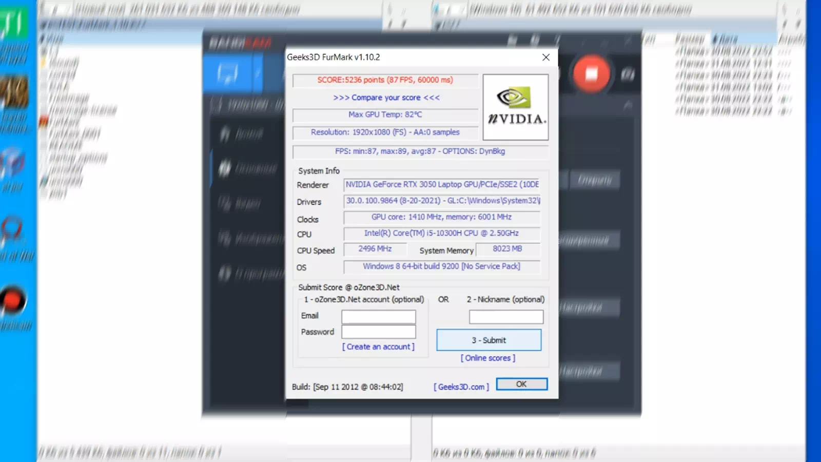 результаты NVIDIA GeForce RTX 3050 в Geeks3D FurMark результаты NVIDIA GeForce RTX 3050 в FurMark